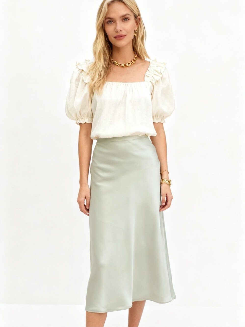 Sincerely Jules Satin Midi Skirt in Sage-Green Size M